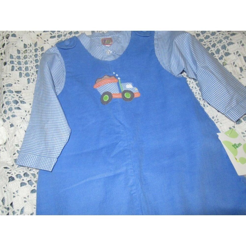 nwt ZU blue cord truck applique romper shirt set baby boy 18 m